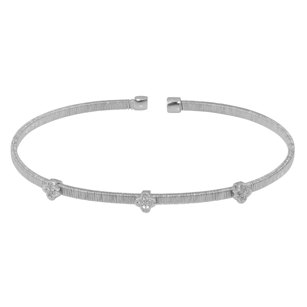 Sterling Silver Rhodium Plated Three Clover Cuffs with CZ