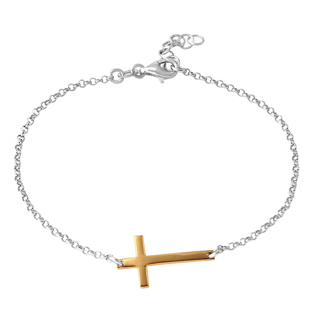 Sterling Silver Rhodium Plated Italian Rolo Chain with Gold Plated Cross Bracelet