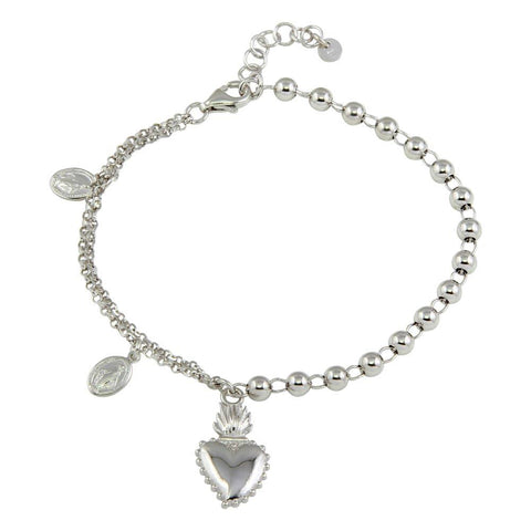 Sterling Silver Rhodium Plated Lady of Guadalupe Bead Bracelet with Heart Charm