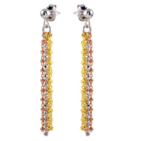 Sterling Silver Rhodium, Gold And Rose Gold Plated Tri Color Tassel Earrings
