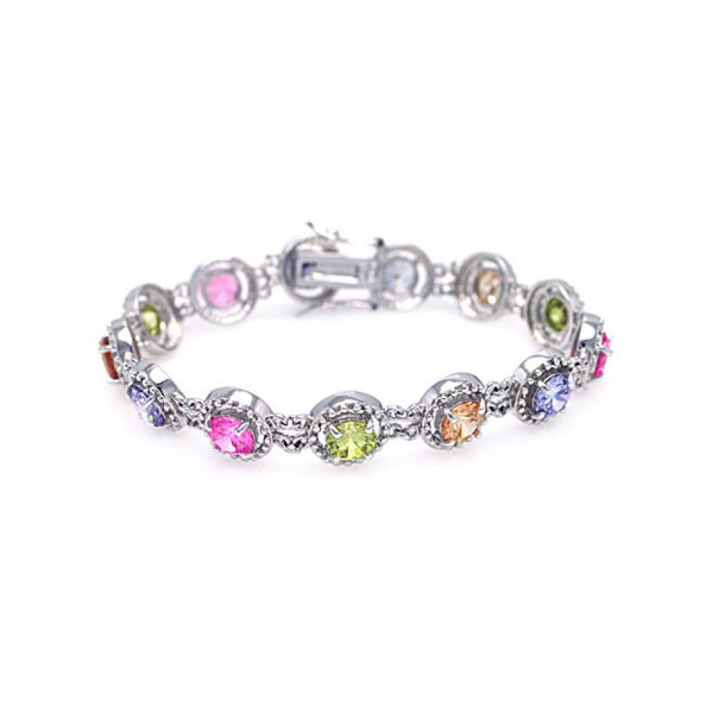 Sterling Silver Rhodium Plated Multiple Multicolor Round CZ Bracelet