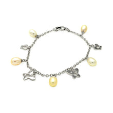 Load image into Gallery viewer, Sterling Silver Rhodium Plated Dangling Open Butterfly With Fresh Water Pearl Bracelet