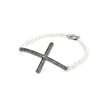 Load image into Gallery viewer, Pearl Bead Bracelet with Sterling Silver Sideways Cross Charm Paved with Clear Simulated Diamonds