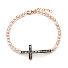 Load image into Gallery viewer, Rose Pearl Bead Bracelet with Sterling Silver Black Plated Sideways Cross Charm Paved with Clear Simulated Diamonds