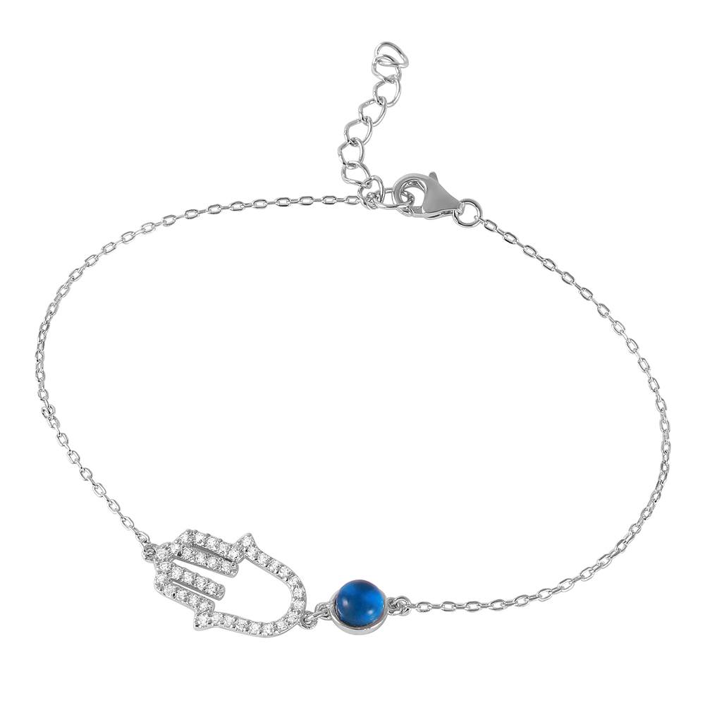 Sterling Silver Rhodium Plated Evil Eye Hamsa Bracelet With CZ Accents