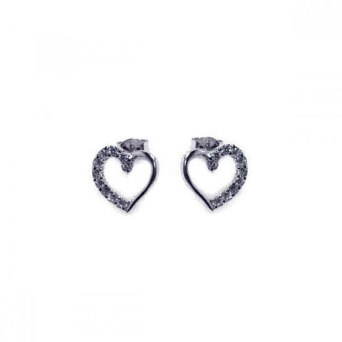 Sterling Silver Rhodium Plated Open Heart CZ Stud Earrings