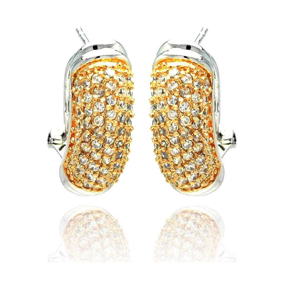 Sterling Silver Two-Toned Fancy Elongated Stud Earring Embedded with Micro Paved Clear Czs