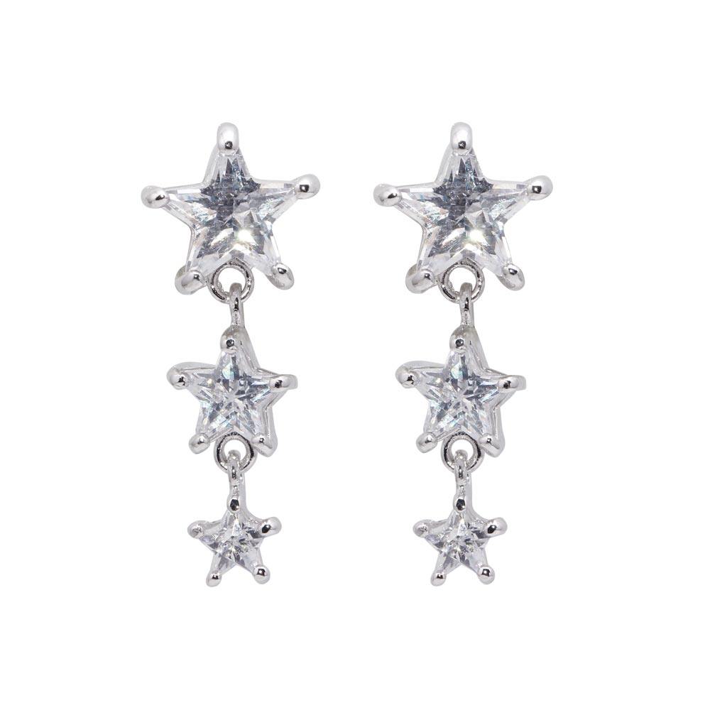 Sterling Silver Fancy Graduated Star Design Set with Clear Czs Dangle Stud Earring
