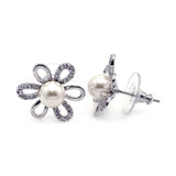 Sterling Silver Trendy Flower Design Inlaid with Clear Czs and Centered White Pearl Stud Earring