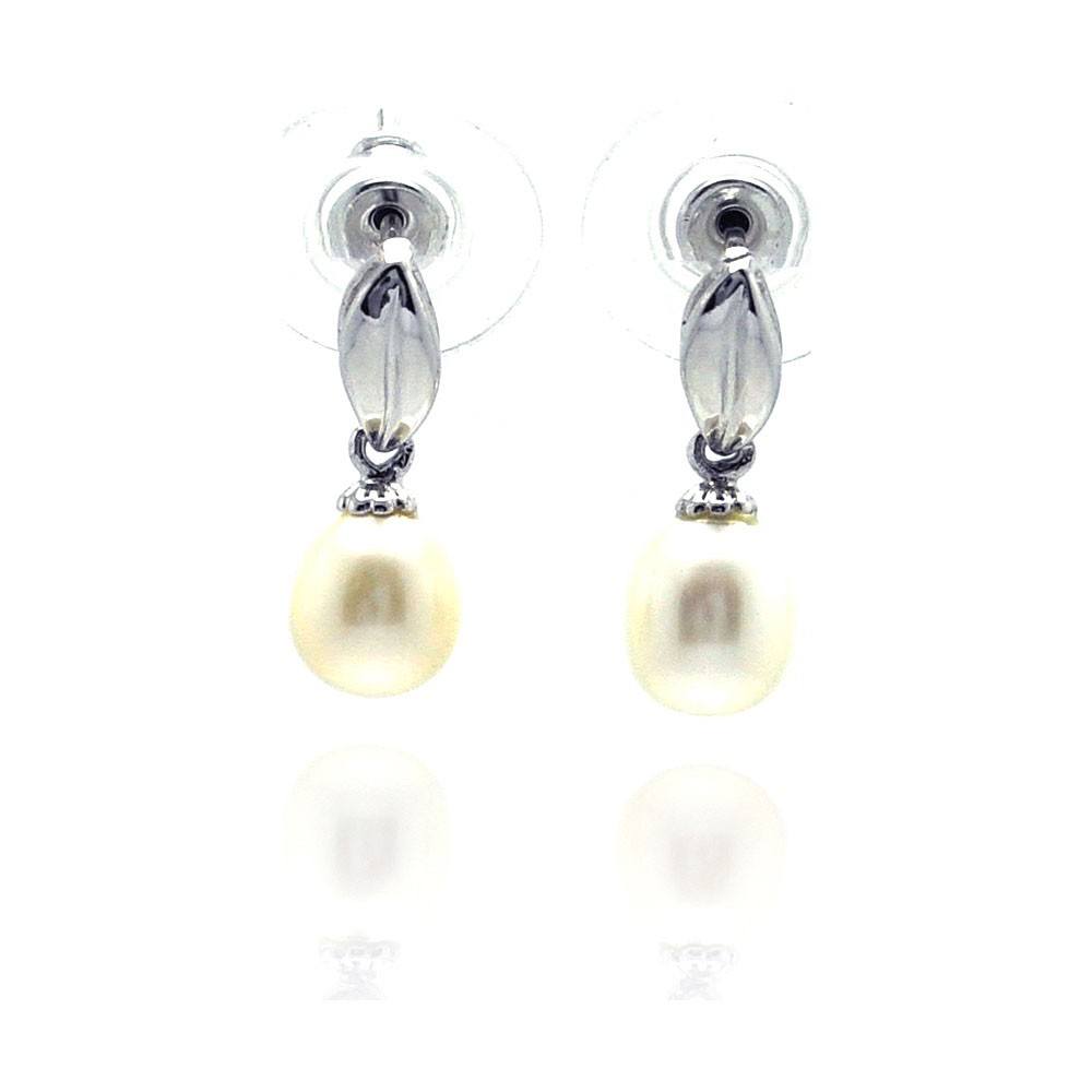 Sterling Silver Fancy Leaf Design with White Pearl Dangle Stud Earring