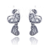 Sterling Silver Trendy Double Paved Heart Design Dangle Stud Earring