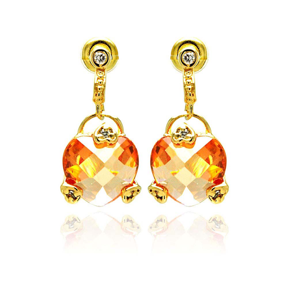 Sterling Silver Gold Plated Trendy Hearts Design Embedded with Clear Czs  and Large Champagne Heart Cz Drop Dangle Stud EarringAnd Earring Height of 19MM