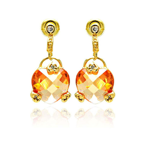 Sterling Silver Gold Plated Trendy Hearts Design Embedded with Clear Czs  and Large Champagne Heart Cz Drop Dangle Stud EarringAnd Earring Height of 19MM
