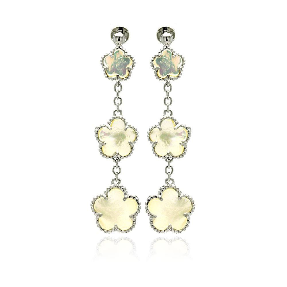 Sterling Silver Fancy Graduated Mother of Pearl Flower Link Design Dangle Stud Earring with Earring Height of 50.8MM