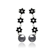 Load image into Gallery viewer, Sterling Silver Trendy Multi flower Link Design Inlaid With Black Czs with Black Pearl drop Dangle Stud EarringAnd Pearl Diamter of 7.9MM and Earring Dimensions of 1.5MM x 6MM