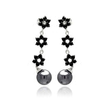 Sterling Silver Trendy Multi flower Link Design Inlaid With Black Czs with Black Pearl drop Dangle Stud EarringAnd Pearl Diamter of 7.9MM and Earring Dimensions of 1.5MM x 6MM