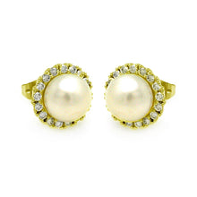 Load image into Gallery viewer, Sterling Silver Gold Plated Round CZ Center Fresh Water Pearl Stud Earrings