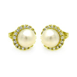 Sterling Silver Gold Plated Round CZ Center Fresh Water Pearl Stud Earrings