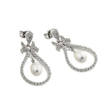 Sterling Silver Fancy Open Paved Teardrop Shape Design with Centered White Pearl Dangle Stud EarringAnd Earring Dimensions of 35.2MMx16.7MM