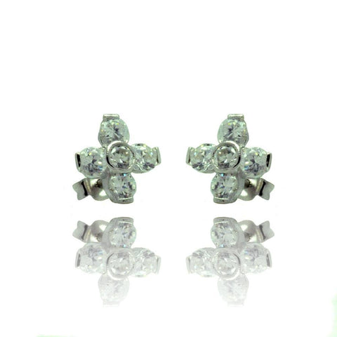 Sterling Silver Fancy Flower Clear Cz Stud Earring