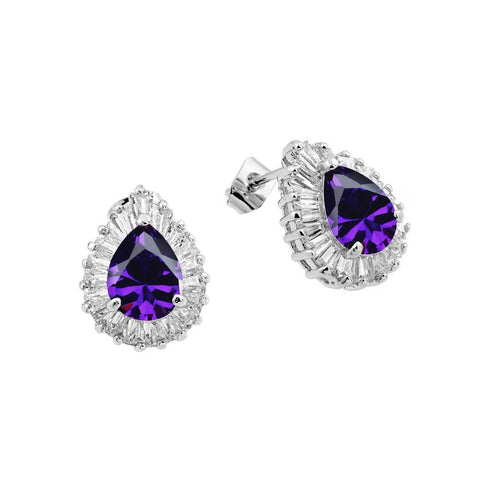Sterling Silver Rhodium Plated Teardrop Purple Baguette Clear CZ Stud Earrings