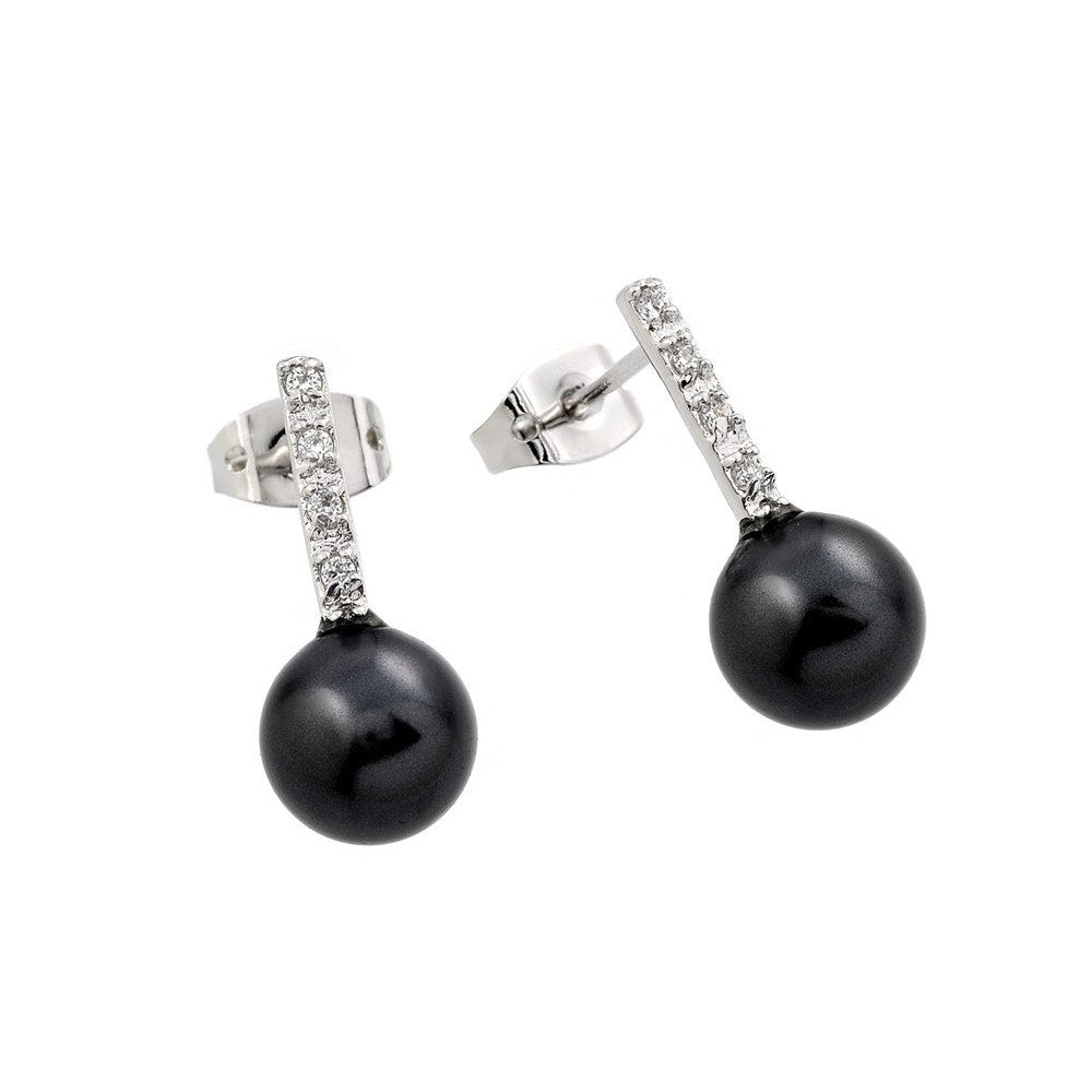 Sterling Silver Classic Channel Micro Paved Czs with Round Black Pearl Drop Dangle Stud EarringAnd Earring Dimensions of 18.3MMx8MM