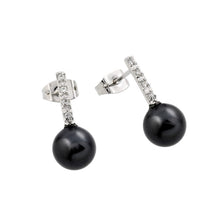 Load image into Gallery viewer, Sterling Silver Classic Channel Micro Paved Czs with Round Black Pearl Drop Dangle Stud EarringAnd Earring Dimensions of 18.3MMx8MM