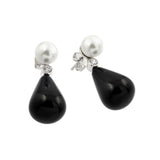 Sterling Silver Classic White Pearl with Single Clear Cz and Teardrop Shaped Black Onyx Stone Drop Dangle Stud EarringAnd Earring Dimensions of 31.1MMx13MM