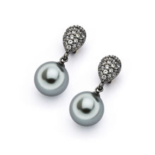 Load image into Gallery viewer, Sterling Silver Black Rhodium Plated Elegant Micro Paved Pearshaped Design with Grey Pearl Drop Dangle Stud EarringAnd Earring Dimensions of 20MMx10MM