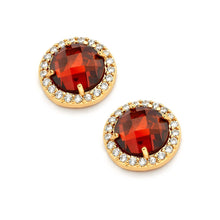 Load image into Gallery viewer, Sterling Silver Gold Plated Red Center Clear Outline CZ Stud Earrings