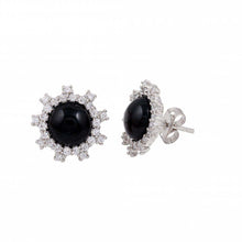 Load image into Gallery viewer, Sterling Silver Rhodium Plated Black Flower With CZ Stud Earrings