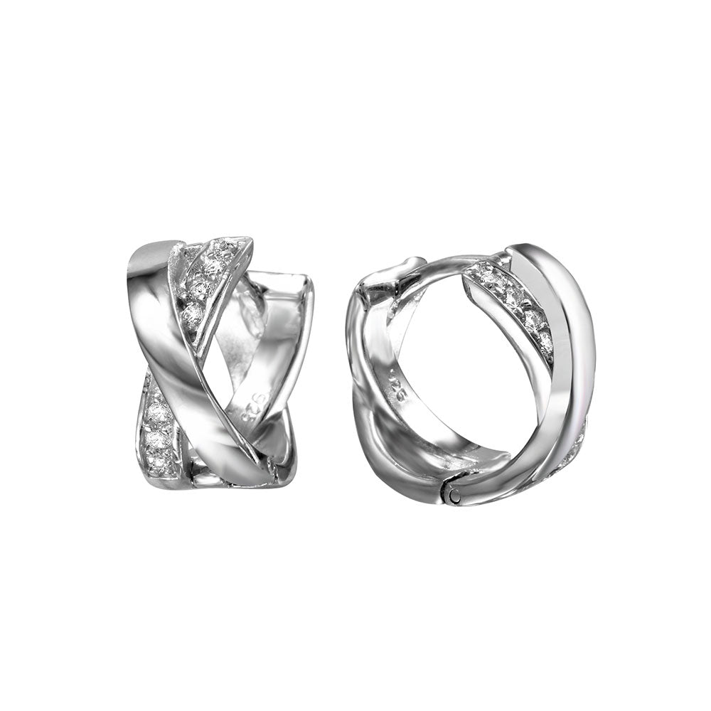 Sterling Silver Rhodium Plated X Shaped Huggie Earrings With CZ Stones