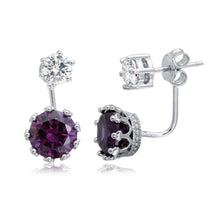 Load image into Gallery viewer, Sterling Silver Rhodium Plated Front And Back Hanging Earrings With Purple And Clear CZ Stones
