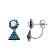 Load image into Gallery viewer, Sterling Silver Rhodium Plated Turquoise Stones Round With Hanging Triangle Accent Earrings