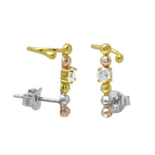 Load image into Gallery viewer, Sterling Silver Three Toned Beaded CZ Center Climbing Earrings