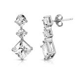 Sterling Silver Rhodium Plated Dropped Square And Round CZ Earrings
