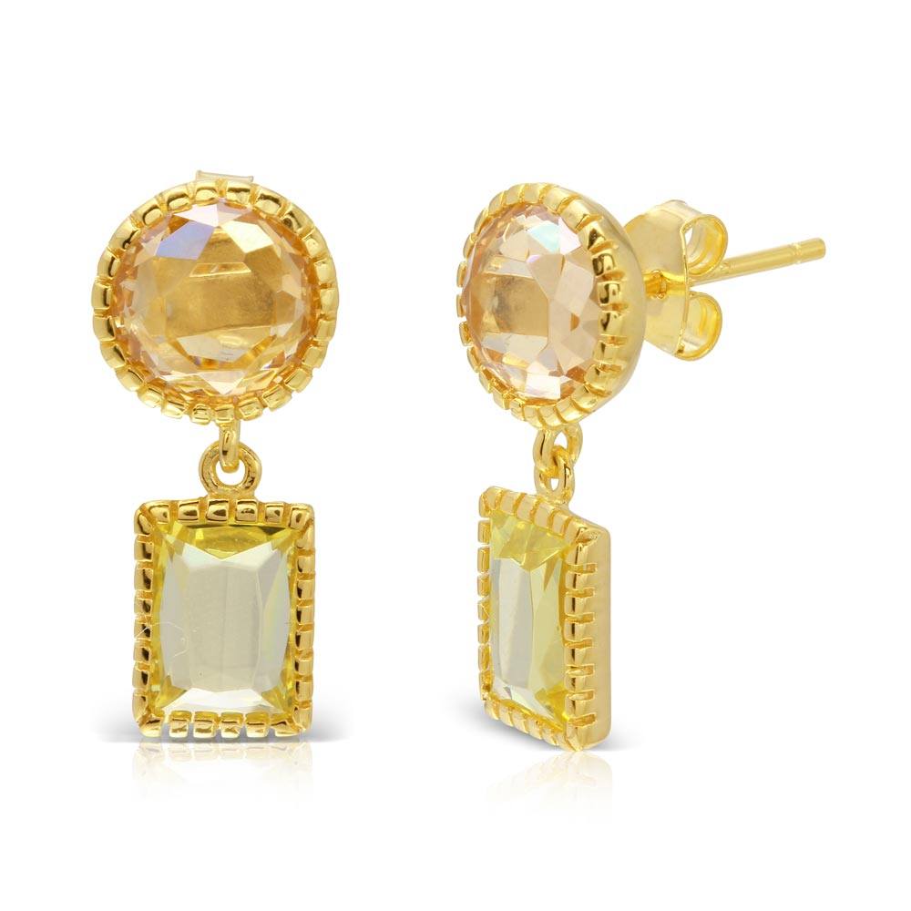 Sterling Silver Gold Plated Champagne Round With Green Cushion CZ Dangling Earrings