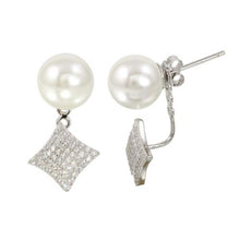 Load image into Gallery viewer, Sterling Silver Rhodium Plated Synthetic Pearl and Diamond-Shaped Front and Back Earrings with CZ