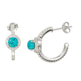 Sterling Silver Semi Hoop CZ Earrings With CZ And Aqua Stone