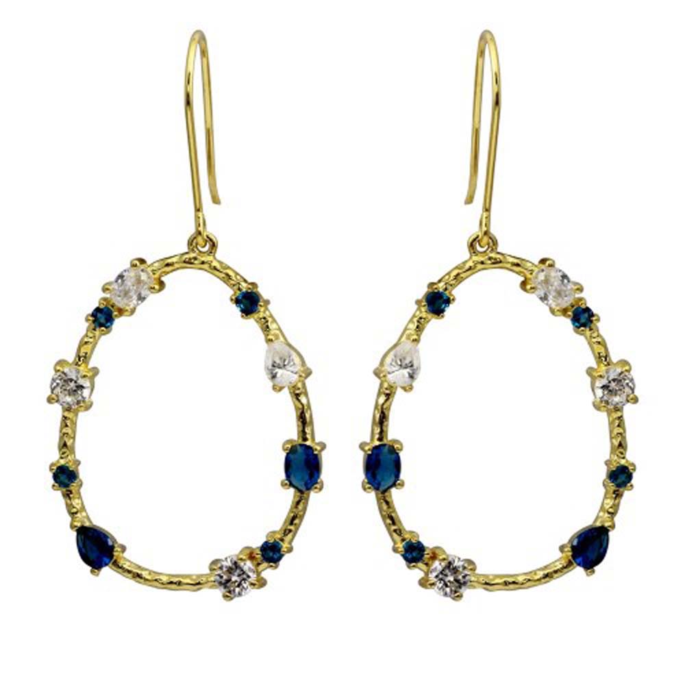 Sterling Silver Gold Plated Open Oval Hoop Earrings With Blue And Clear CZ