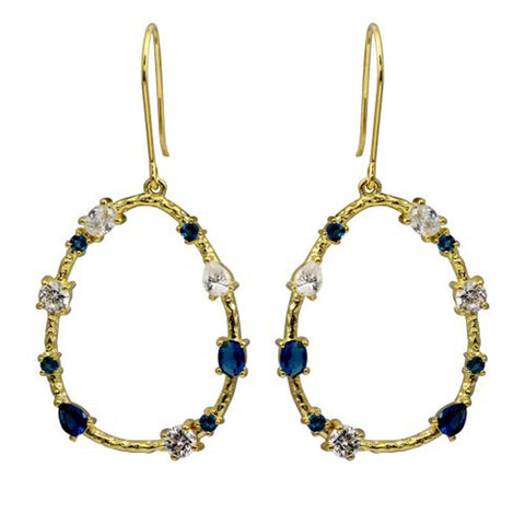 Sterling Silver Gold Plated Open Oval Hoop Earrings With Blue And Clear CZ