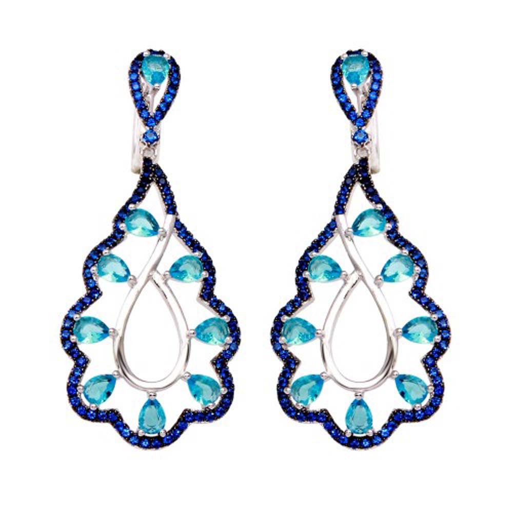 Sterling Silver Rhodium Plated Teal And Blue CZ Teardrop Earrings
