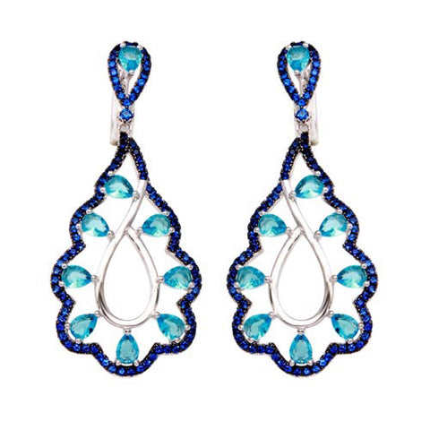 Sterling Silver Rhodium Plated Teal And Blue CZ Teardrop Earrings