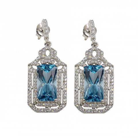 Sterling Silver Rhodium Plated Large Dangling Light Blue Earrings
