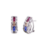 Sterling Silver Rhodium Plated Multi-Colored Clip On Hoop Earrings