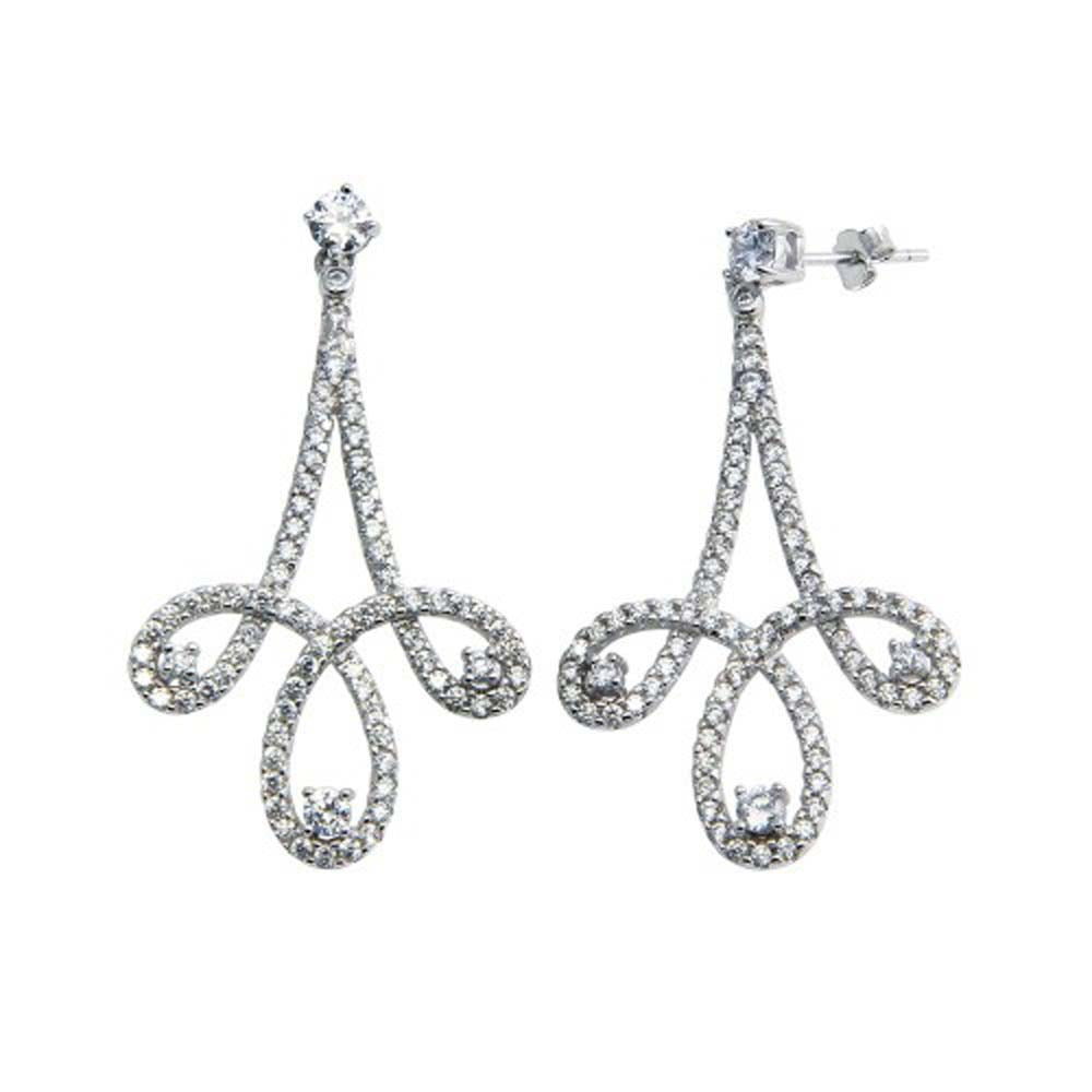 Sterling Silver Rhodium Plated Dangling Curvy Earrings with CZ