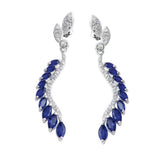 Sterling Silver Rhodium Plated Dangling Feather Earrings with Blue CZ