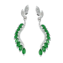 Load image into Gallery viewer, Sterling Silver Rhodium Plated Dangling Feather Earrings with Green CZ