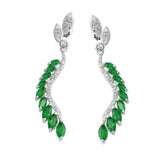 Sterling Silver Rhodium Plated Dangling Feather Earrings with Green CZ