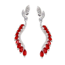 Load image into Gallery viewer, Sterling Silver Rhodium Plated Dangling Feather Earrings with Red CZ